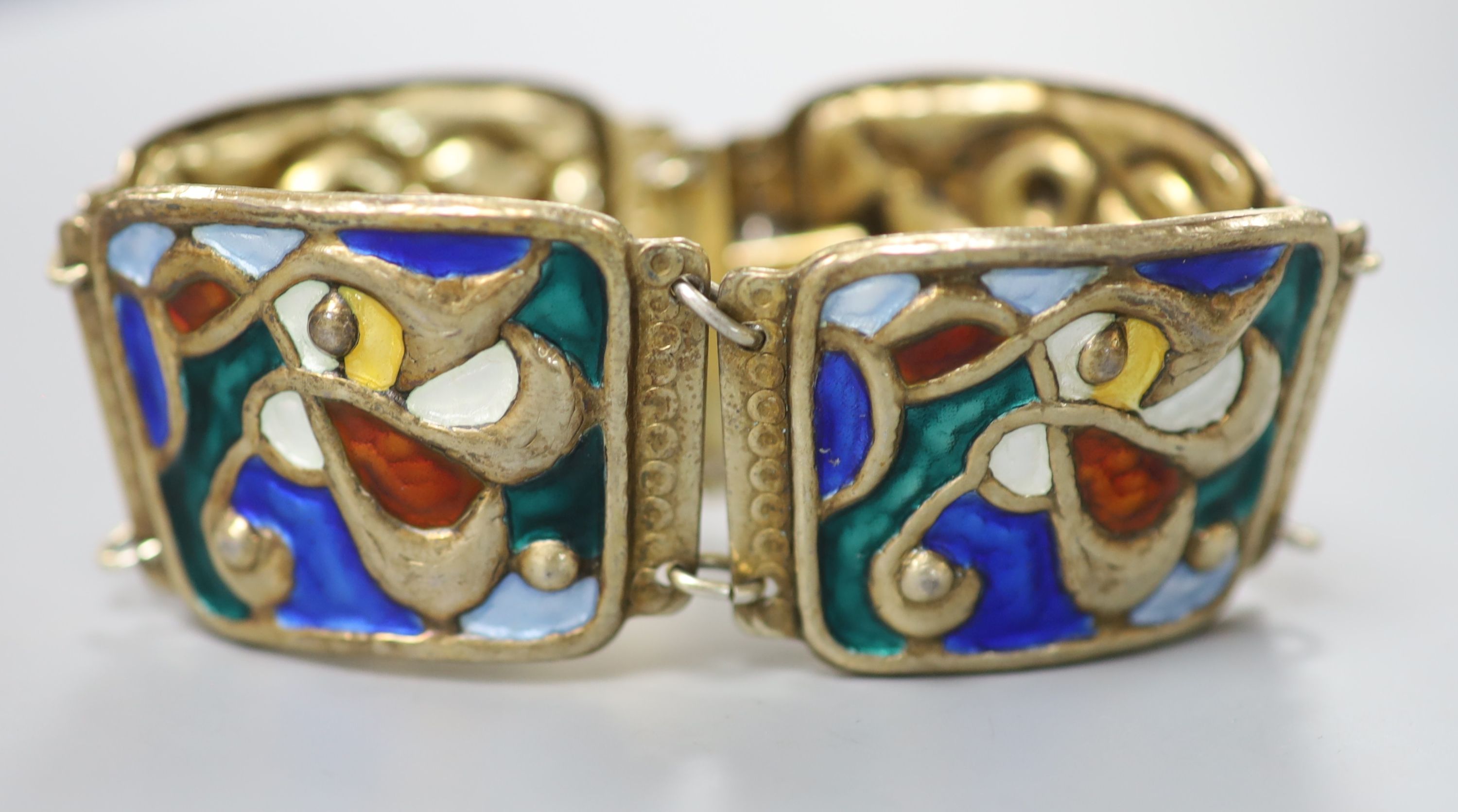A stylish Norwegian 925s and polychrome enamel bracelet by Oystein Balle, of curved design, approx. 17.5cm, gross weight 53 grams.